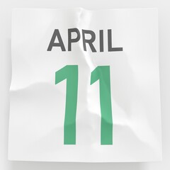 Fototapeta premium April 11 date on crumpled paper page of a calendar, 3d rendering