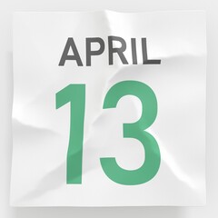 April 13 date on torn page of a paper calendar, 3d rendering
