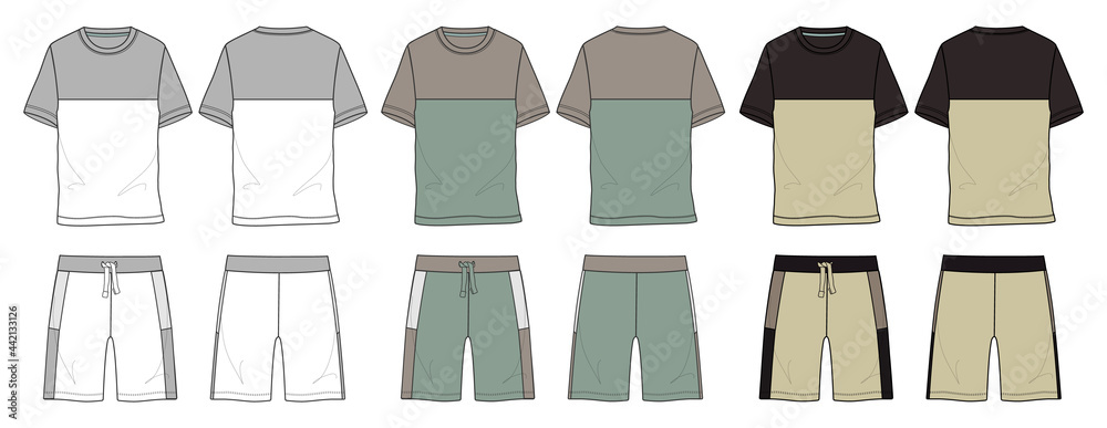 Wall mural Basic Set T Shirt and shorts With cut & sew technical fashion sketch vector template isolated on white background front and back view. Vector art drawing illustration Eps 10. Men's Apparel design.