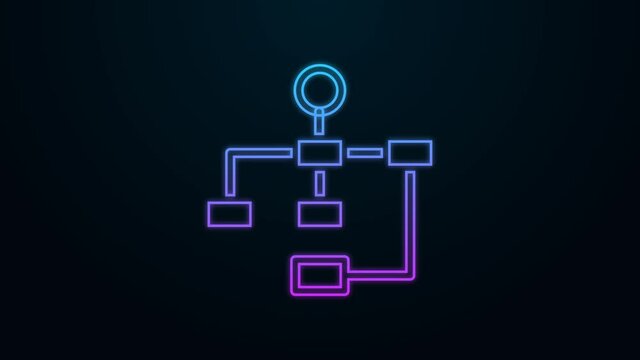 Glowing neon line Business hierarchy organogram chart infographics icon isolated on black background. Corporate organizational structure graphic elements. 4K Video motion graphic animation