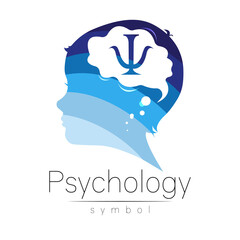 Child logotype in vector with brain and psychology sign in few blue colors. Silhouette profile human head. Concept logo for people, children, autism, kids, therapy, clinic, education. Template symbol - 442133387