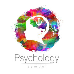 Child logotype with psychology sign in rainbow watercolor circle. Silhouette profile human head. Concept logo for people, children, autism, kids, therapy, clinic, education. Template isolated on white - 442133734