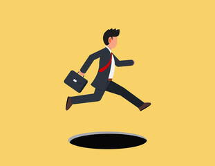 Fototapeta na wymiar Businessman confidently jumping over a hole. Hurdle on way concept
