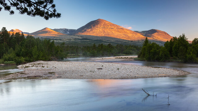 View of Rondane National Park, Norway, from the valley floor.