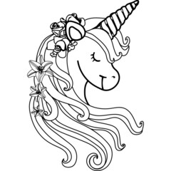 Unicorn with flowers behind the ear and long hair