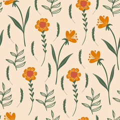 Meadow wildflower seamless vector pattern. Boho botanical floral background. Delicate field flower and herb illustration.
