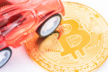 A EV Car on A Bitcoin, Virtual Currency or Cryptocurrency, Economy and Business, Vehicle and Electricity