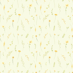 Watercolor wildflowers vintage seamless pattern. Summer flowers hand-painted background. Perfect for textile, fabric, covers. 