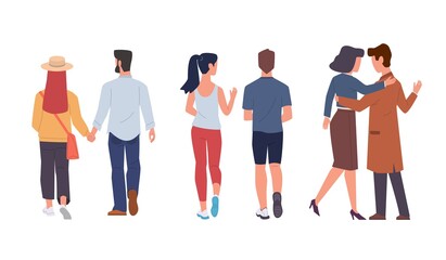 Obraz premium Men and women back view. Couple walking and running together, holding hands, romantic relationships. Young characters in love, husband and wife, boyfriend and girlfriend vector cartoon set