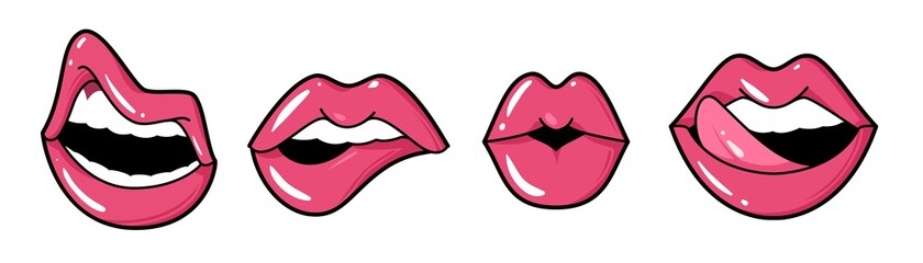 Playful lips. Female mouth tongue and teeth, bright pink lipstick or gloss, beautiful makeup, sexy glamour woman face part expression, decoration collection, vector isolated set