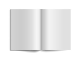 Book empty mockup. Paper sheet. Open magazine journal or fold catalog template, office stationery, 3d realistic isolated object top view. Advertising brochure vector isolated illustration