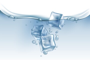 Realistic ice cubes in water. Iced pieces falling in aqua, air bubbles in clear liquid. Beverage with frozen blocks, cold soda drink or cocktail. Advertising backdrop, vector background