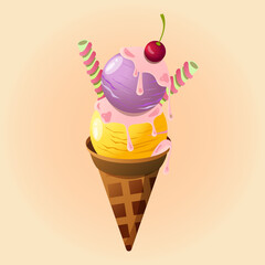 Vector illustration of a soft ice cream cone with different flavors. Delicious cute appetizing ice cream. Simple realistic modern design. Vector illustration in a flat style. Ice cream in a cone.