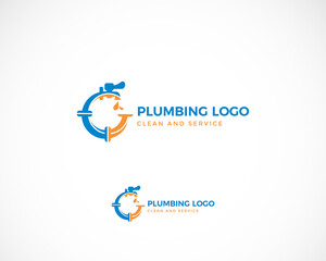Plumbing service logo in blue, plumbing symbol on white with text. Vector illustration.