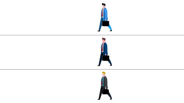 Three cartoon businessmen characters long walk. Walking, stopping and starting. Business people animated version. Business cartoon animations serie. Alpha channel, seamless transitions.