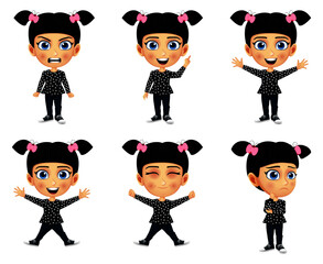 Happy kid girl mascot character standing and doing different action with different facial expressions