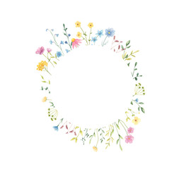 Watercolor floral frame with copy space isolated on white background. Trendy summer cute flowers frame for greeting cards, posters, wedding invitations. 
