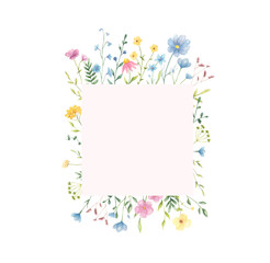 Watercolor floral frame with copy space isolated on white background. Trendy summer cute flowers frame for greeting cards, posters, wedding invitations. 