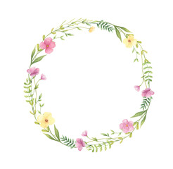 Watercolor floral frame with copy space isolated on white background. Lovely summer wreath with wildflowers perfect for wedding invitations, greeting cards, posters. 