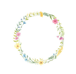 Watercolor floral frame with copy space isolated on white background. Lovely summer wreath with wildflowers perfect for wedding invitations, greeting cards, posters. 
