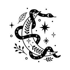 Vector abstract magic illustration with celestial snake, moon, stars and flowers isolated on white background. Boho trendy esoteric serpent symbol for poster print, fashion, fabric, textile, paper