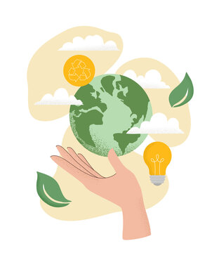 Vector Illustration Of Human Hand Holding Earth Globe, Recycle Icon, Light Bulb, Leaves And Clouds. Concept Of World Environment Day, Save The Earth, Sustainability, Ecological Zero Waste Lifestyle