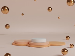 Minimal round pastel colour blank podium with pink background and metallic balls for showing product presentation , 3D rendering technical concept.