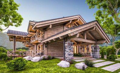 Fototapeta na wymiar 3d rendering of modern cozy chalet with pool and parking for sale or rent. Massive timber beams columns. Beautiful forest mountains on background. Clear summer evening with cozy light from window