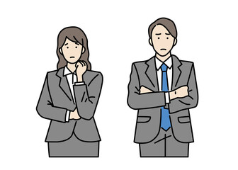 Fototapeta premium 困った表情をした男性＆女性のビジネスパーソンのイラスト