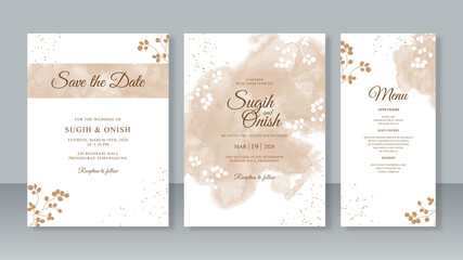 watercolor splash with gold leaf for wedding invitation card template set