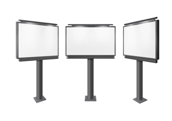Fototapeta premium Blank billboard. Big advertisement construction mockup, different perspectives information board display, empty stand banner. Realistic promotion city street screen. Vector 3d illustration