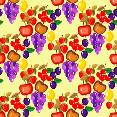 Fruits mix, apple, wine berry, strawberry, cherry, plum seamless pattern.
 