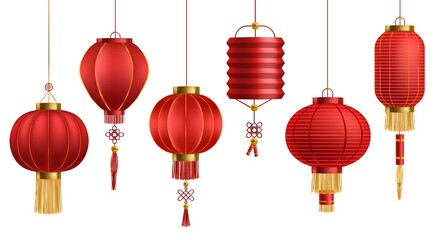Lanterns chinese. Asian new year japanese red lamps with golden decor, festival 3d chinatown traditional realistic element. Horizontal poster. Oriental paper decoration vector isolated set © YummyBuum