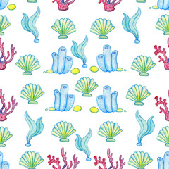 Sea floor avquaryl seamless pattern with corals, shells, algae