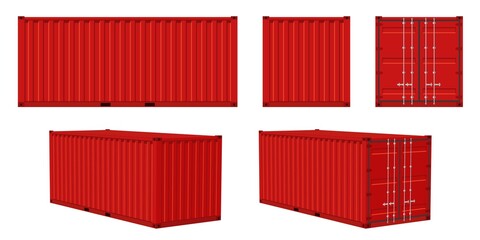 Container cargo. Red container front, side and perspective view, transportation delivery freight, international logistic shipping industry collection. Vector isolated on white illustration © YummyBuum