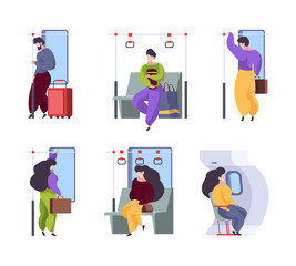 Tired people in transport. Urban vehicles scenes with sitting and standing characters subway bus and car interior garish vector tired persons collection