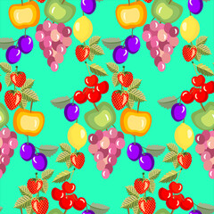 Fruits mix, apple, wine berry, strawberry, cherry, plum seamless pattern.
 
