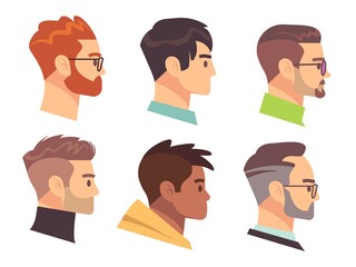Flat male head profile. Different men heads with different hairstyles and accessories. Colorful web avatars. Modern haircuts and beards, social media profile illustration vector isolated set