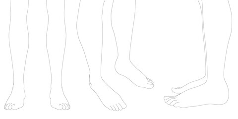 Set with contours of human legs isolated on white background. Side view, front, isometric. Vector illustration
