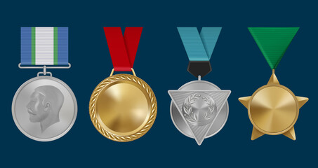 Sport awards. Military rosettes leadership golden medals decent vector templates of awards with red ribbons