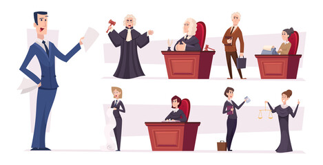 Fototapeta na wymiar Lawyers team. Judges professional workers lawyers persons businessman characters exact vector people illustrations in cartoon style