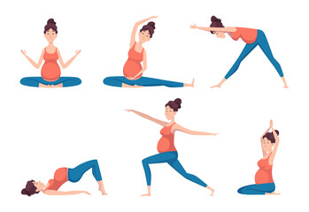 Yoga pregnant. Relaxed poses for pregnant characters sport health recreation education exact vector persons isolated