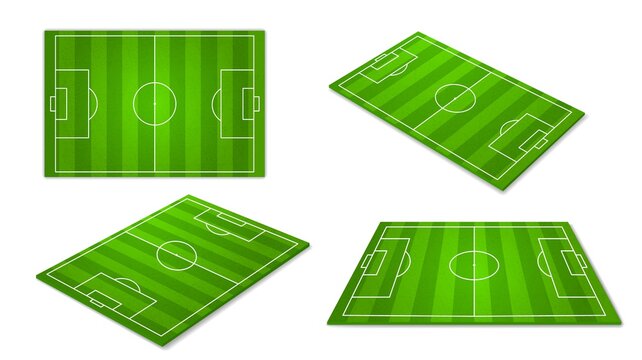 Football Field. Green Soccer Play Grounds, Different Camera Angles, Perspectives And Top View, White Lines Markup, Sports Game. Outdoors Stadium Vector Realistic Isolated On White Set