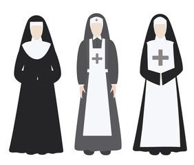 Sisters of Mercy and nun in black set.  Front view. Flat style. Vector illustrations. Isolated on a white background
