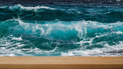 A table by the sea. Sea, Ocean waves and a table. Sea and Ocean background
