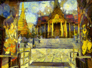 The grand palace wat phra kaew bangkok thailand Illustrations creates an impressionist style of painting.
