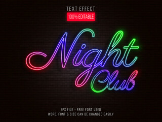 Neon light text effect. Colorful light editable text effect - Night club style.