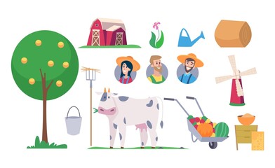 Farm elements. Farmers avatars, cow tree. Agricultural tools, village life vector set