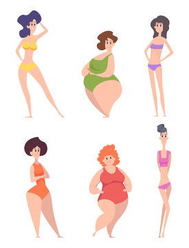 Woman body. Types of female bodies thin tall fat beautiful silhouettes slim skinny fat exact vector characters collection