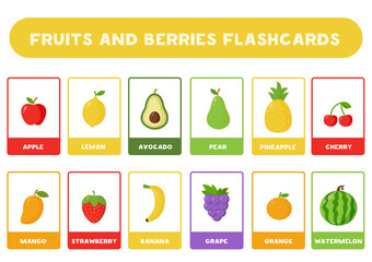 Cute cartoon fruits with names. Flash cards for children.
